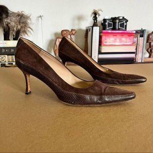 Manolo Blahnik Suede Croc Pointy Toe Wood Stacked Heels